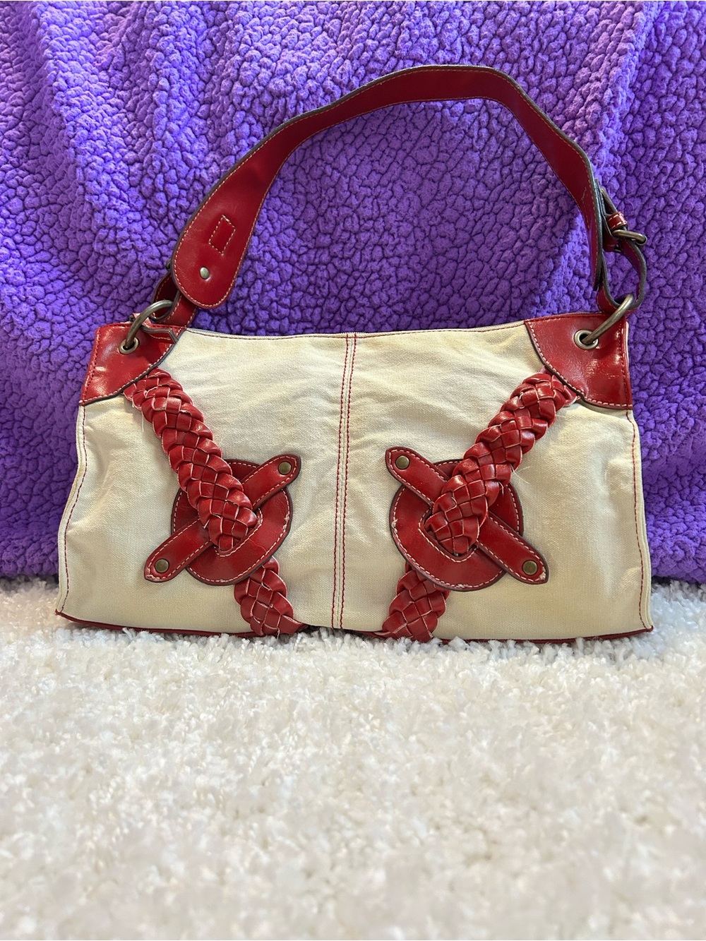 Maurizio Taiuti Cream Shoulder Bag with Red Braided Accents - Picture 2 of 6